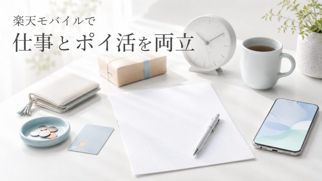 白いデスクにスマホ、財布、カード、コイン、ペン、時計を置いた楽天モバイルとポイ活をイメージしたアイキャッチ画像