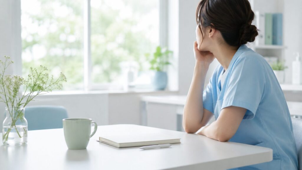 明るい窓辺で自分の気持ちと向き合う看護師
