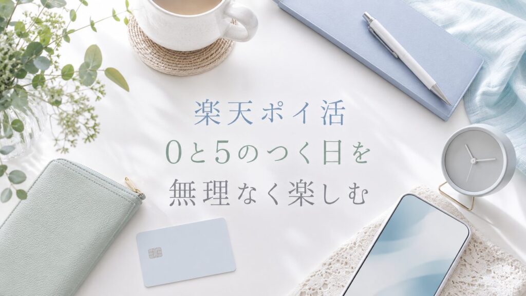楽天ポイ活と0と5のつく日をテーマに、スマホやカード、手帳を白いデスクに並べたナチュラルなアイキャッチ