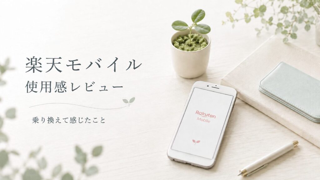 楽天モバイルの使用感レビュー記事のアイキャッチ。スマートフォンと通信料金画面風のデザインで、乗り換え体験やメリット・注意点を表している。