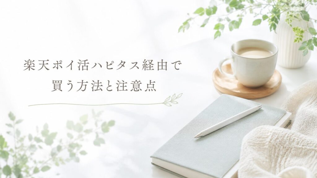 白いデスクに淡いグリーンのノートやカップを置き、楽天ポイ活とハピタス経由で買う方法をやさしく伝えるブログ用アイキャッチ画像