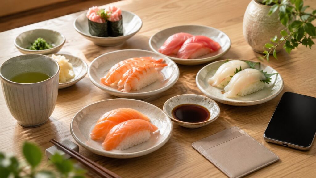 楽天ポイントをくら寿司などの外食で使うイメージ。木製テーブルに寿司、緑茶、しょうゆ、スマートフォン、カードケースを並べたナチュラルな写真