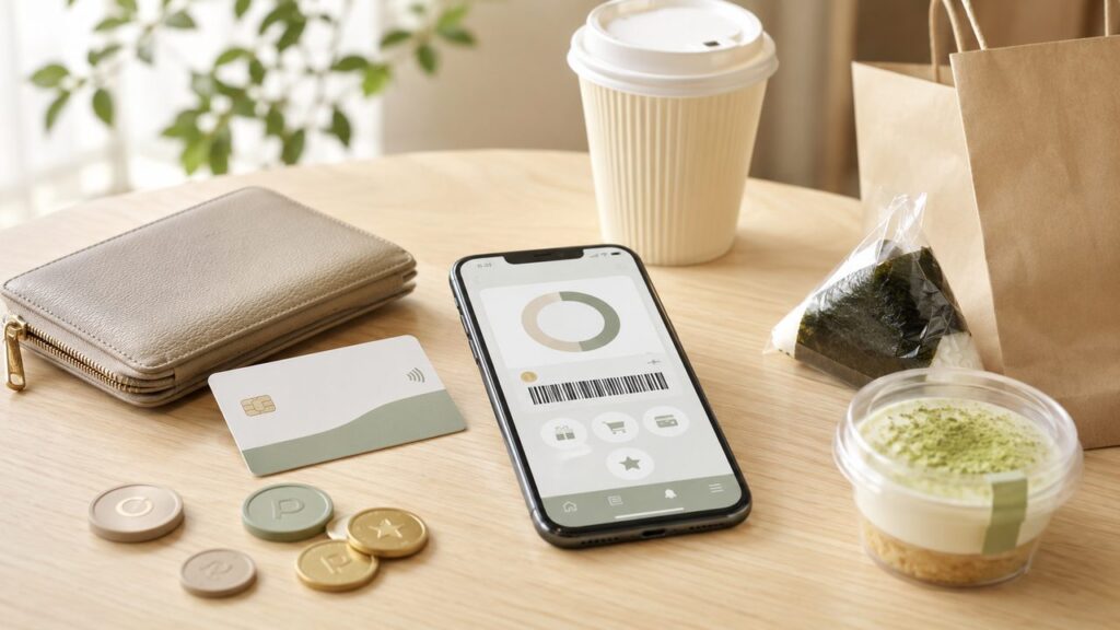 楽天ポイントをスマホ決済で使うイメージ。木製テーブルにスマートフォン、カード、財布、コーヒー、おにぎり、デザートを並べたナチュラルな写真