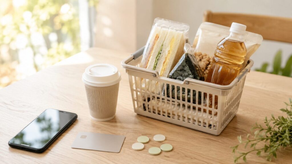 ファミマで楽天ポイントを使って買い物するイメージ。買い物かごにサンドイッチ、おにぎり、飲み物を入れ、スマートフォンとカードを添えたナチュラルな写真