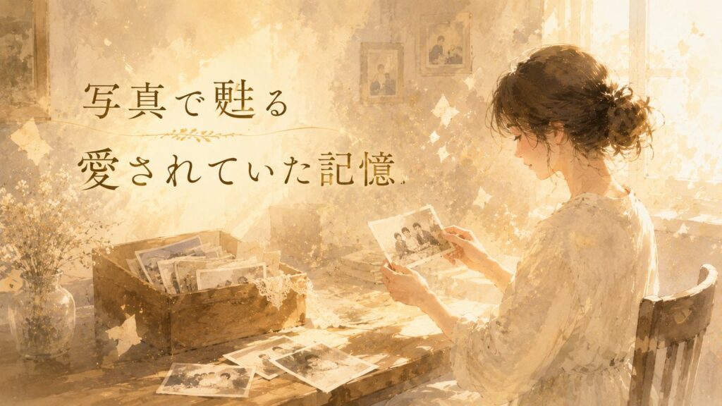 昔の家族写真を見返して愛されていた記憶を思い出す女性を描いた水彩イラスト。写真で甦る愛されていた記憶の文字入りアイキャッチ。