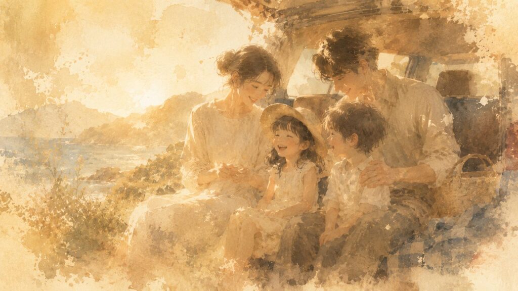 海辺で笑顔を見せる家族の思い出を描いた水彩イラスト。昔の家族写真からよみがえる温かい記憶を表現した画像。