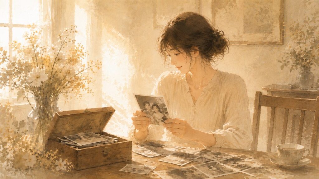 古い写真を手に取り、思い出を振り返る女性を描いた水彩イラスト。木箱いっぱいの写真と花、やさしい陽射しが温かな記憶を感じさせる。