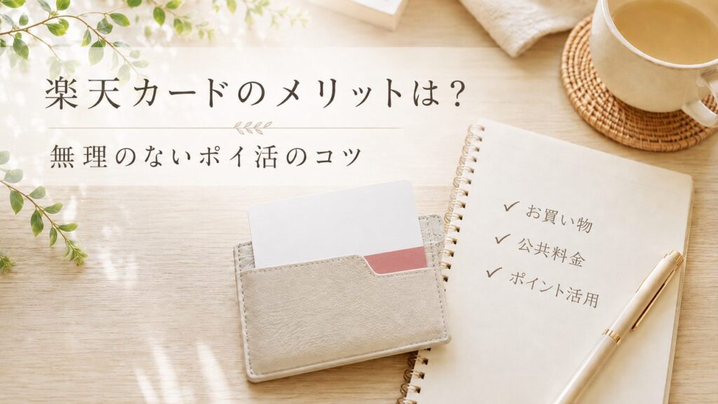 楽天カードのメリットと無理のないポイ活のコツを紹介する、カードケースやノートを配置したナチュラル系アイキャッチ画像。