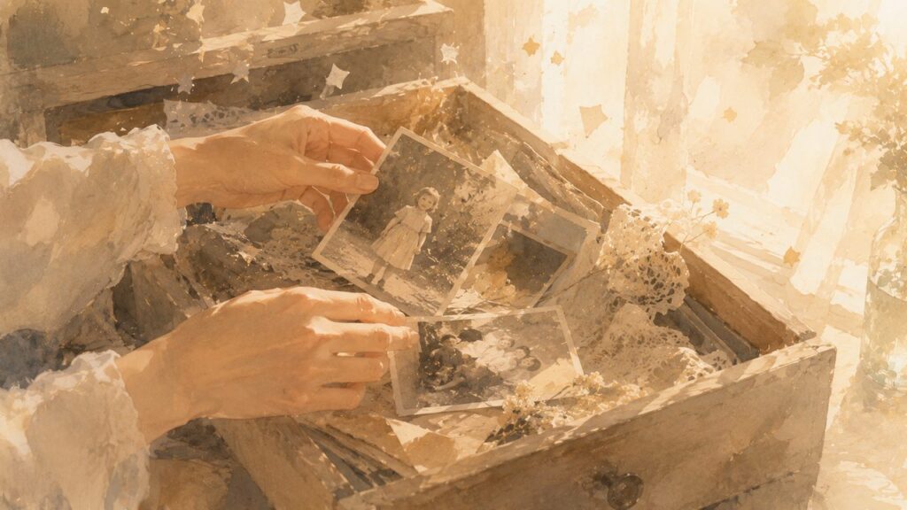 昔の写真を見返す女性を描いた水彩イラスト。断捨離中に家族写真を見つけ、過去の思い出を振り返っている様子。